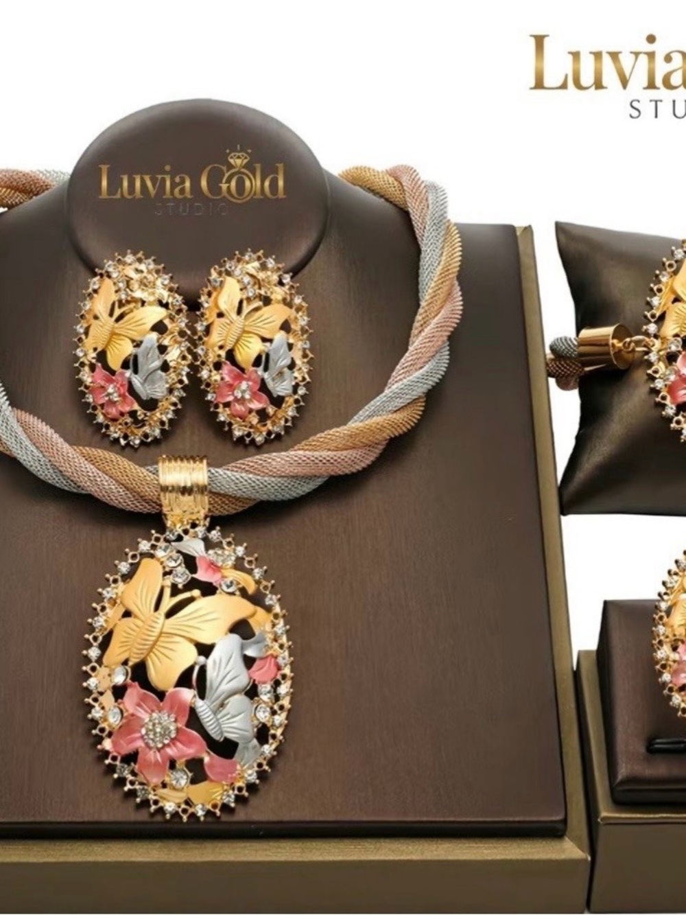 LuviaGold Tri-Tone Floral Pendant Necklace Set - Pink, Gold, Silver